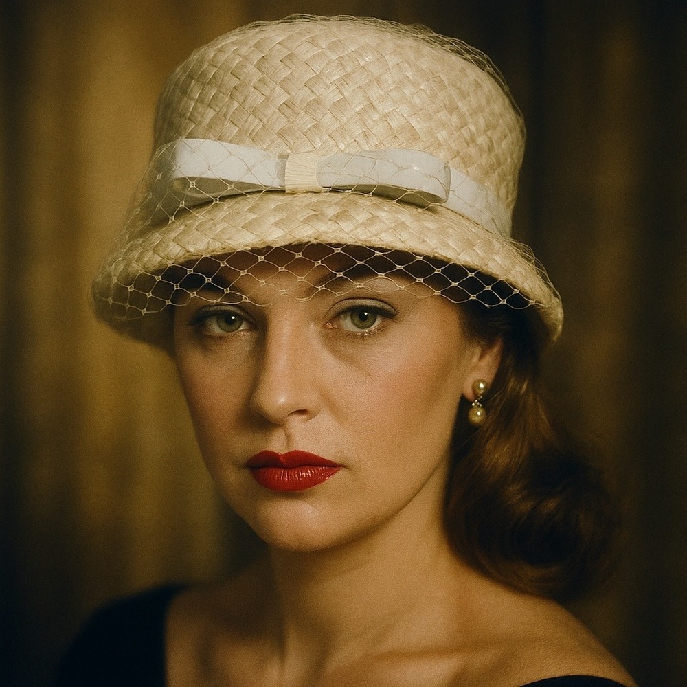 Vintage 1950s White Straw Cloche Hat Veil Bow‎ Accent Union Made USA Retro Chic